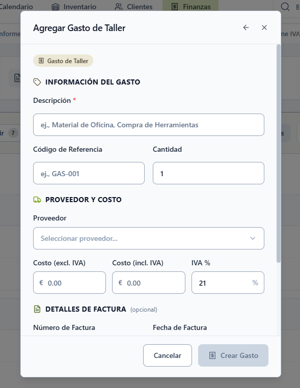 Formulario Agregar Gasto de Taller — información del gasto, proveedor y coste