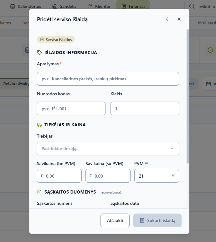 Forma Pridėti serviso išlaidą su aprašymo, nuorodos kodo ir tiekėjo laukais