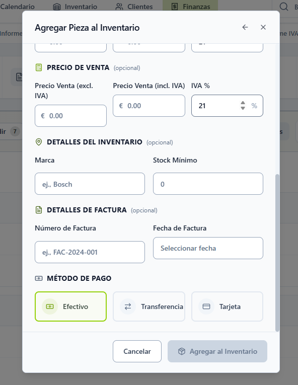 Formulario Agregar Pieza al Inventario — precio de venta, detalles de inventario, factura y método de pago