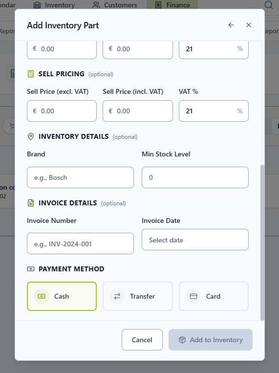Add to Inventory form — selling price and profit fields