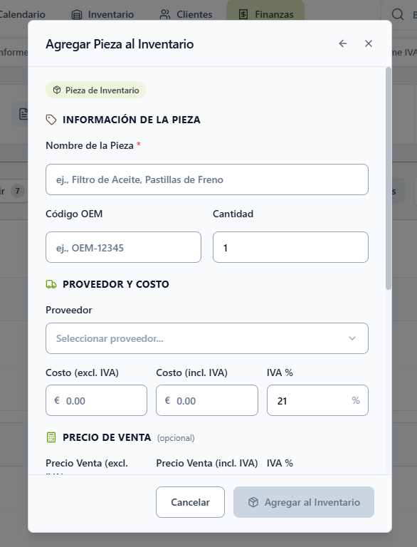 Formulario Agregar Pieza al Inventario — información de la pieza, proveedor y coste