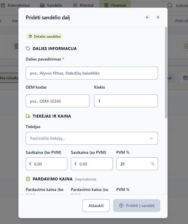 Forma Pridėti sandėlio dalį su dalies informacijos ir tiekėjo bei kainos laukais
