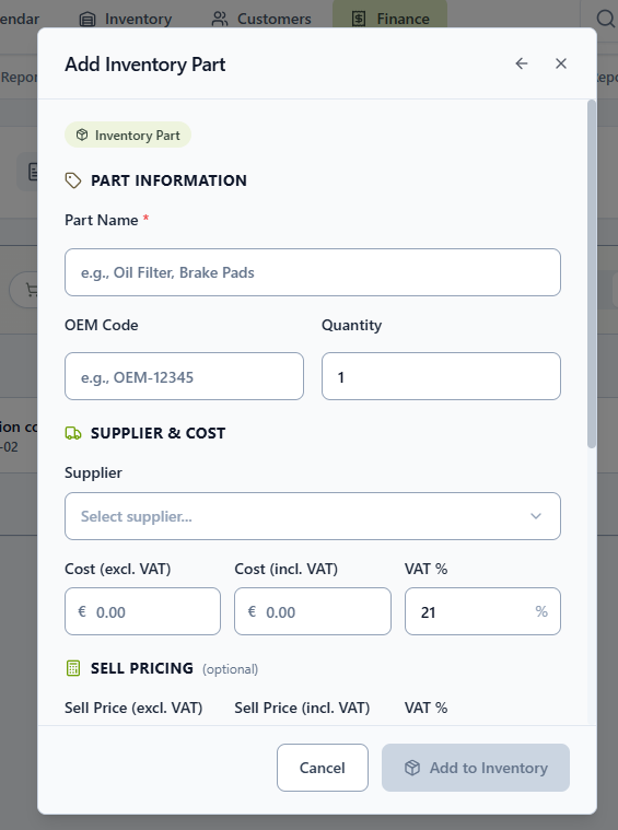 Add to Inventory form — part, supplier and purchase pricing fields