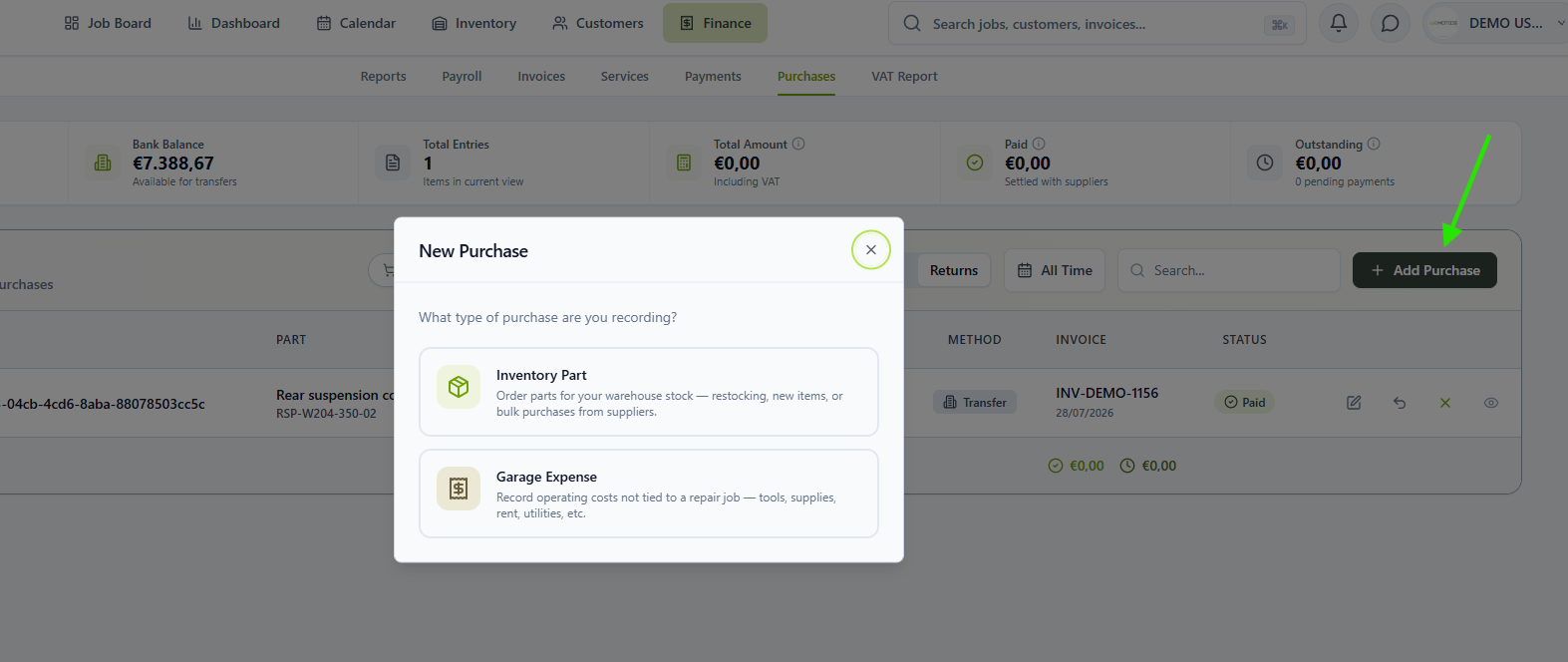 New Purchase dialog with Inventory Part and Garage Expense options