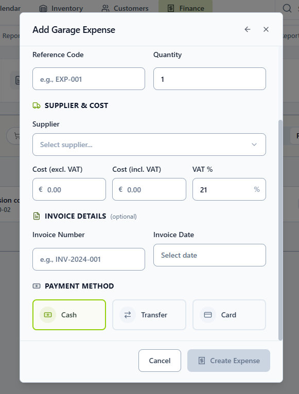 Add Workshop Expense form — invoice details and payment method fields