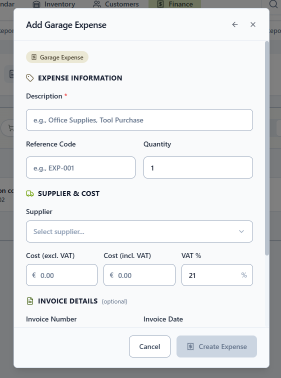 Add Workshop Expense form — expense information and supplier pricing fields