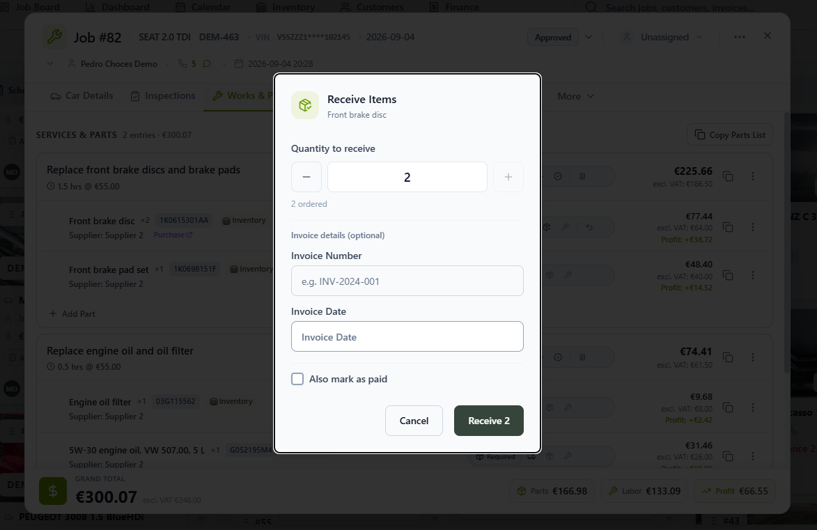 Receive Items window with quantity, invoice fields and Also mark as paid option