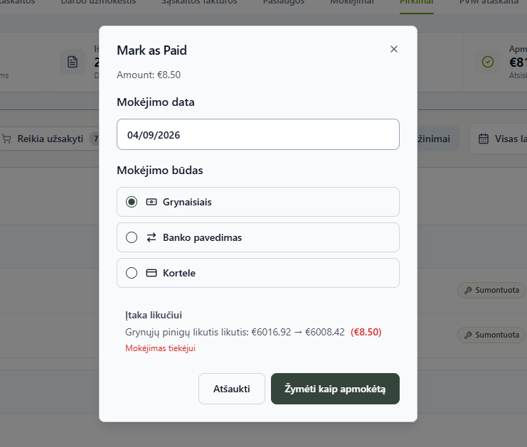 Mokėjimo langas su mokėjimo data, mokėjimo būdo pasirinkimu ir įtaka grynųjų pinigų likučiui