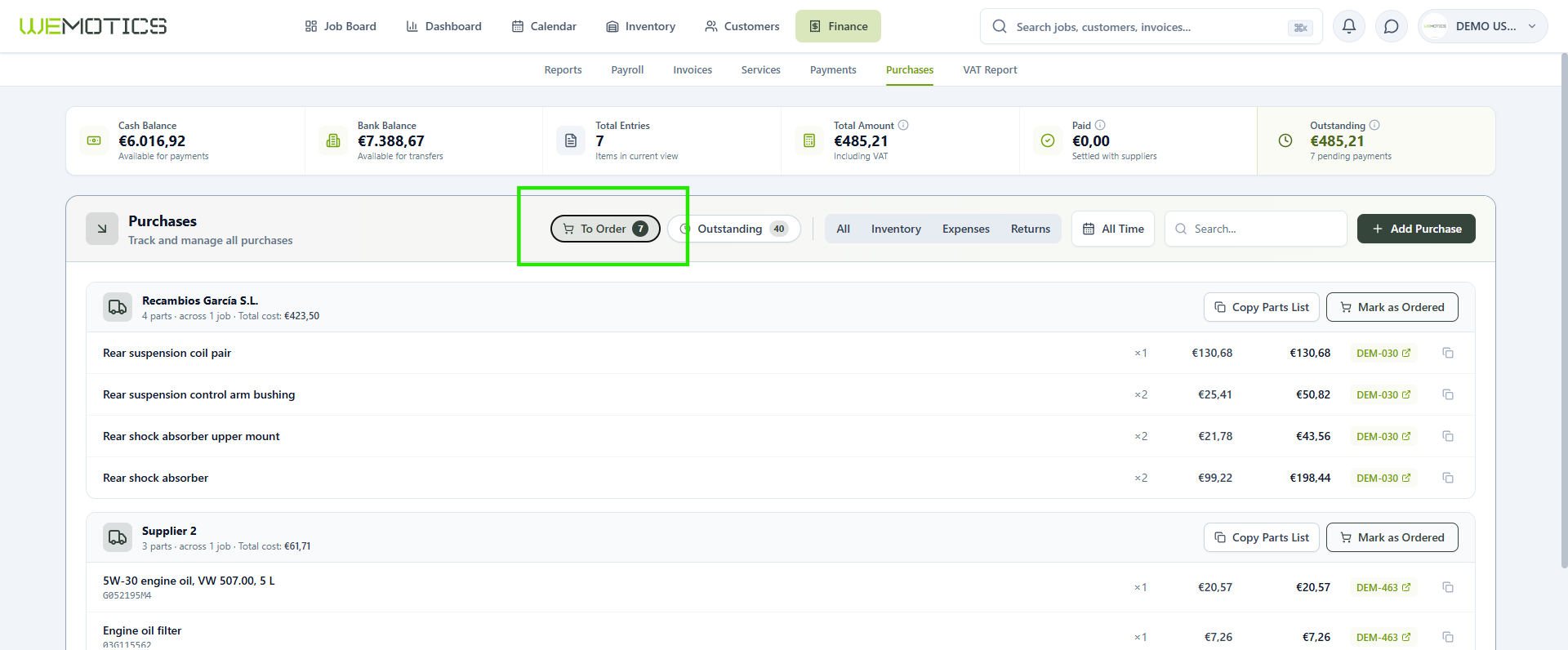 Need to Order view with parts grouped by supplier and the To Order counter highlighted