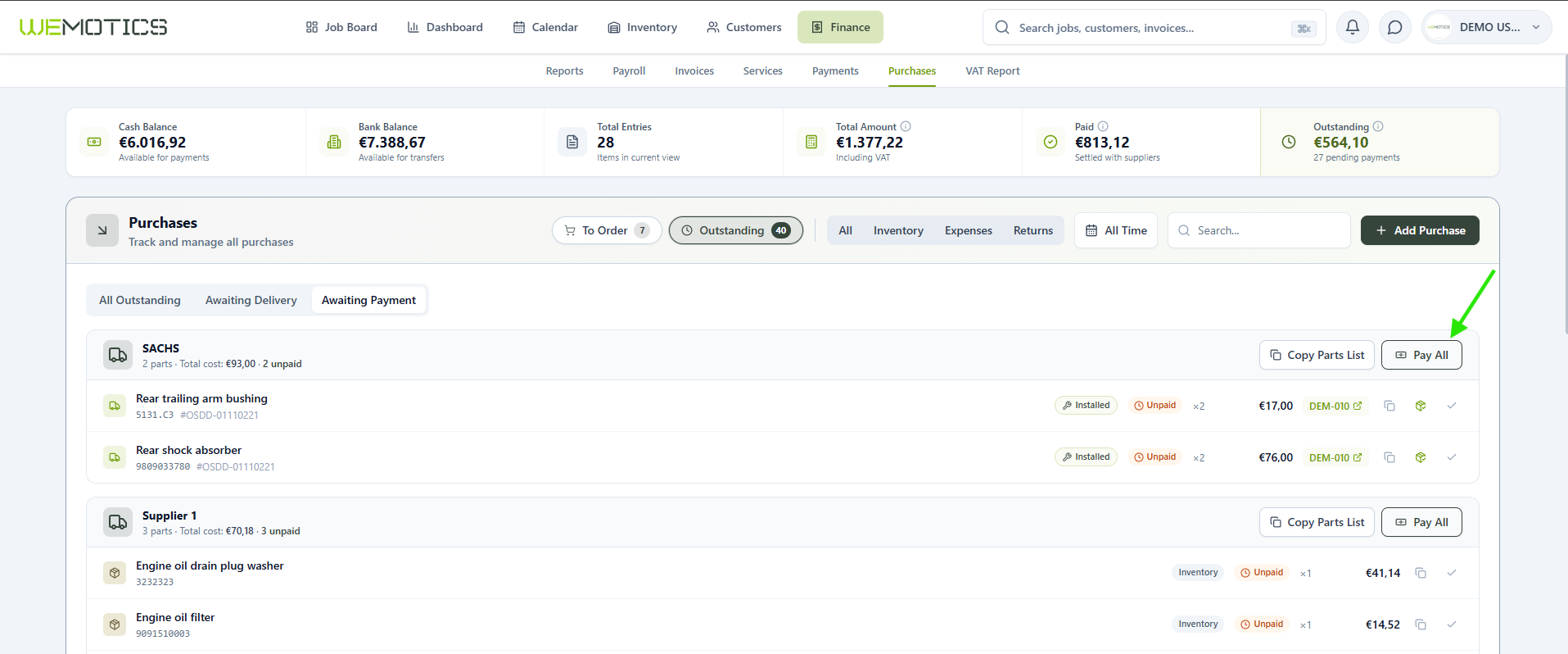 Supplier group with the Pay All button highlighted