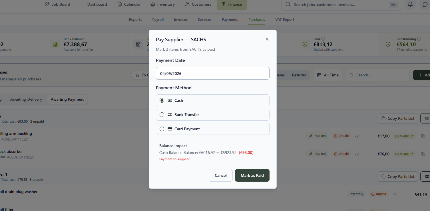 Pay Supplier window with payment date, payment method options and balance impact