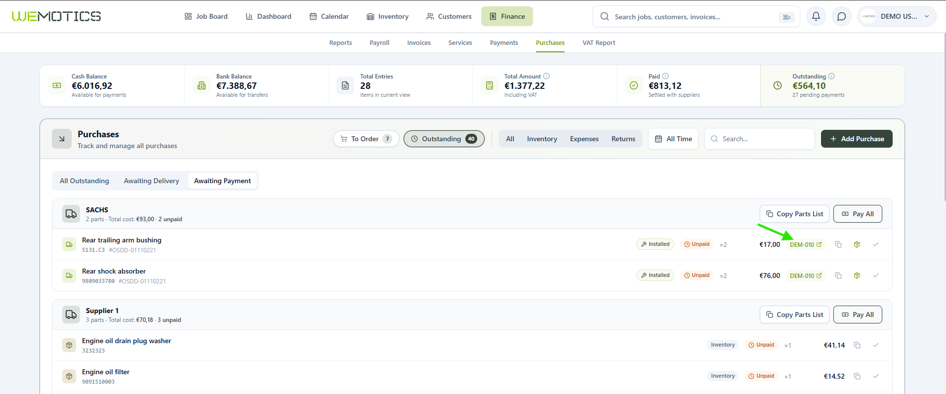 Pending Payment view with the vehicle/job link highlighted in a part row
