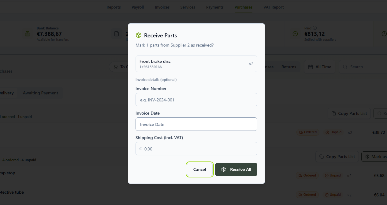 Receive Parts window with parts list, invoice number, invoice date and shipping cost fields