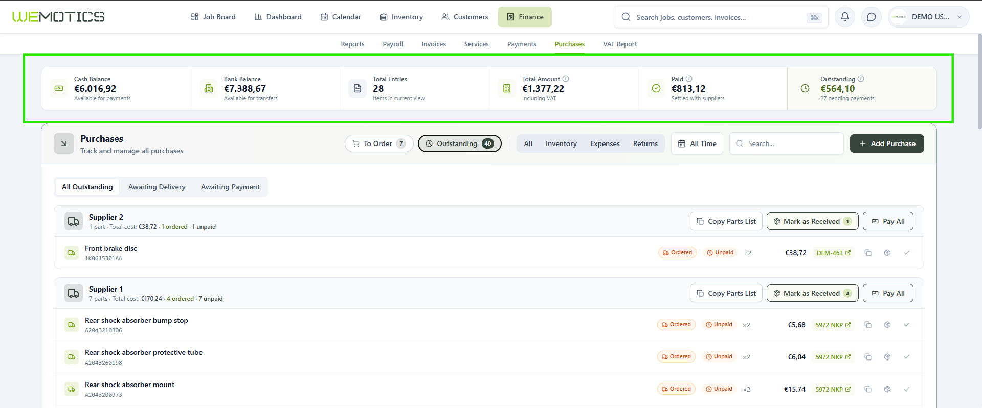 Purchases summary cards showing Cash Balance, Bank Balance, Total Entries, Total Amount, Paid and Outstanding