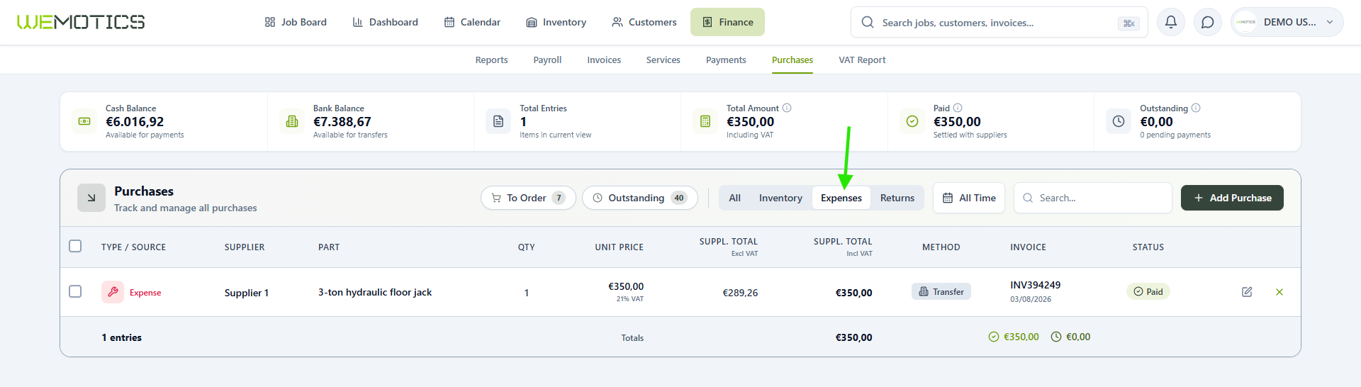 Expenses tab listing general workshop expenses