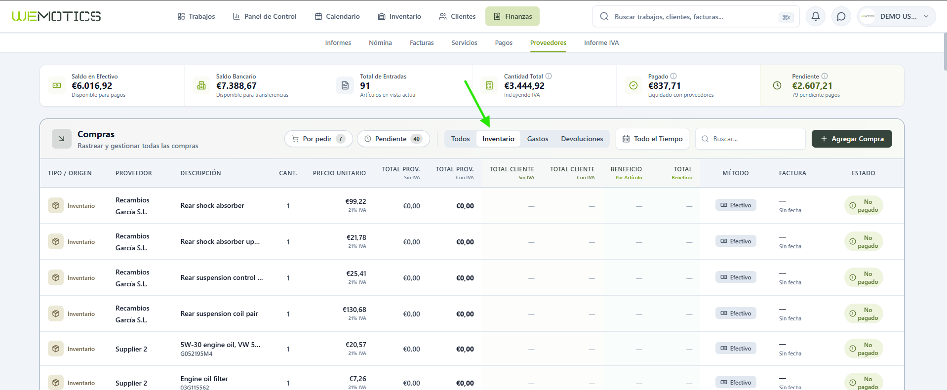 Pestaña Inventario con compras de existencias y columnas de precio al cliente y beneficio