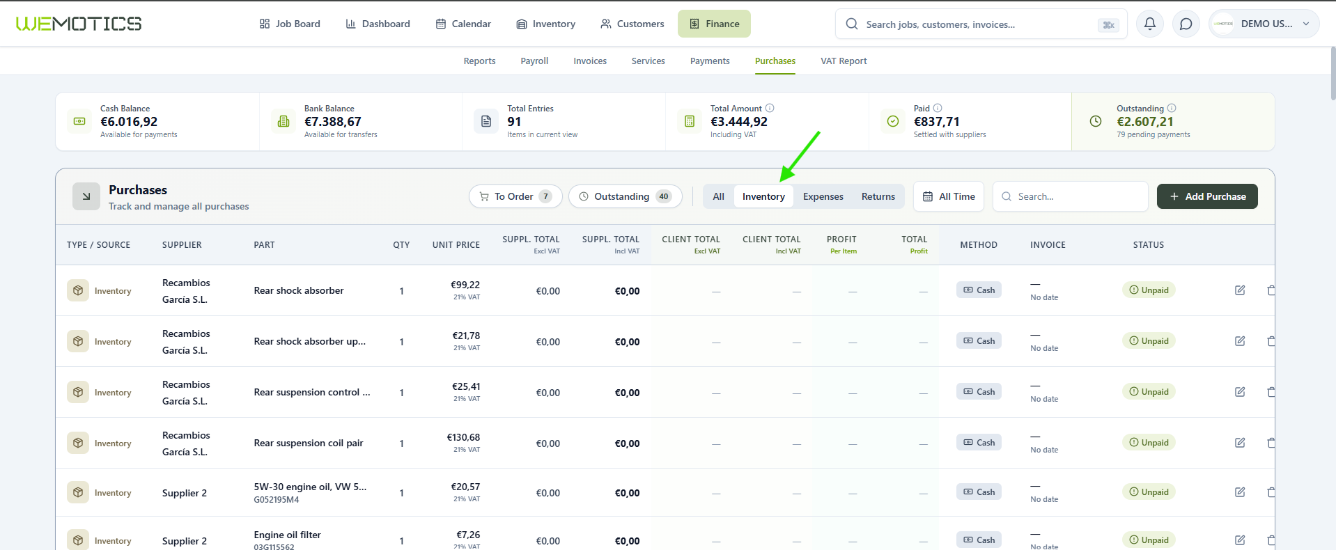 Inventory tab showing inventory purchases with client pricing and profit columns