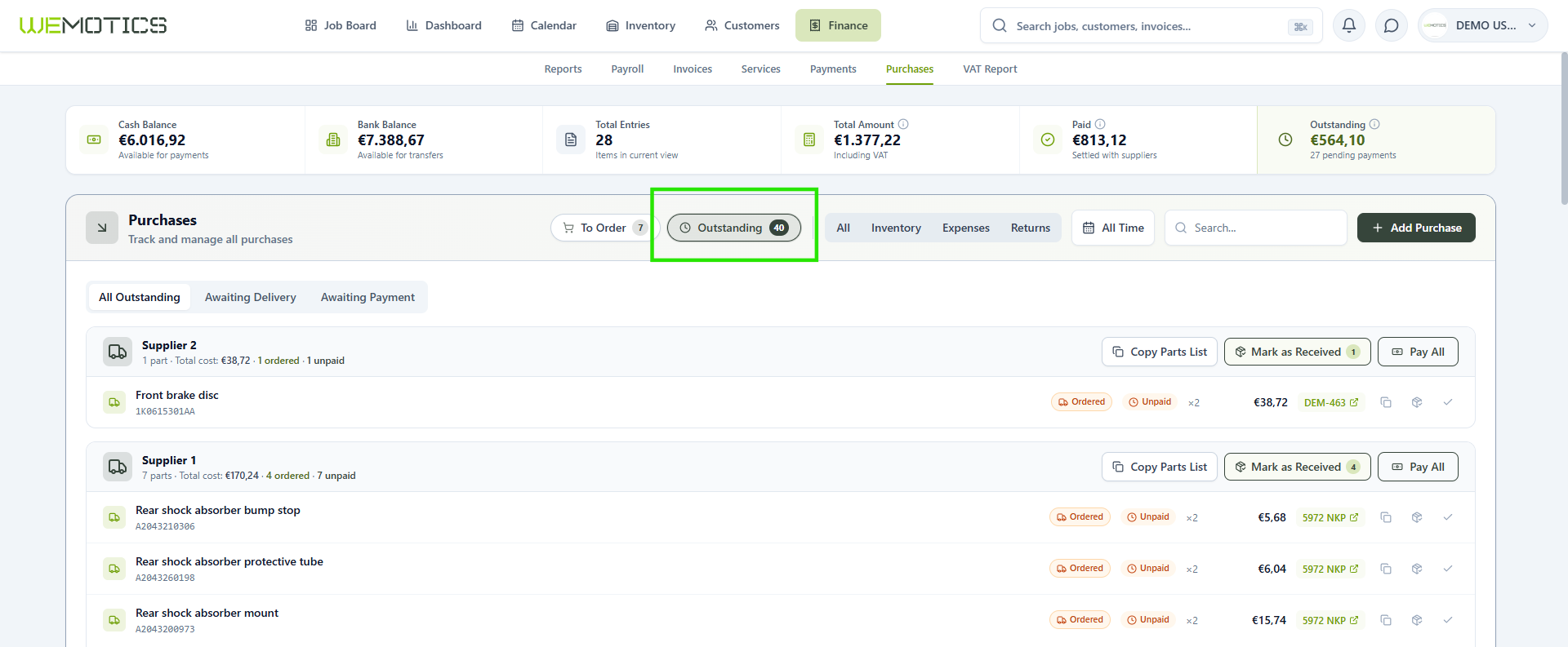 Purchases page with the Unfinished (Outstanding) view highlighted