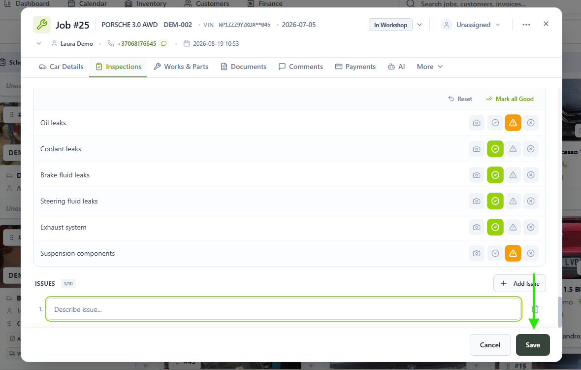 Completed inspection with the Save button