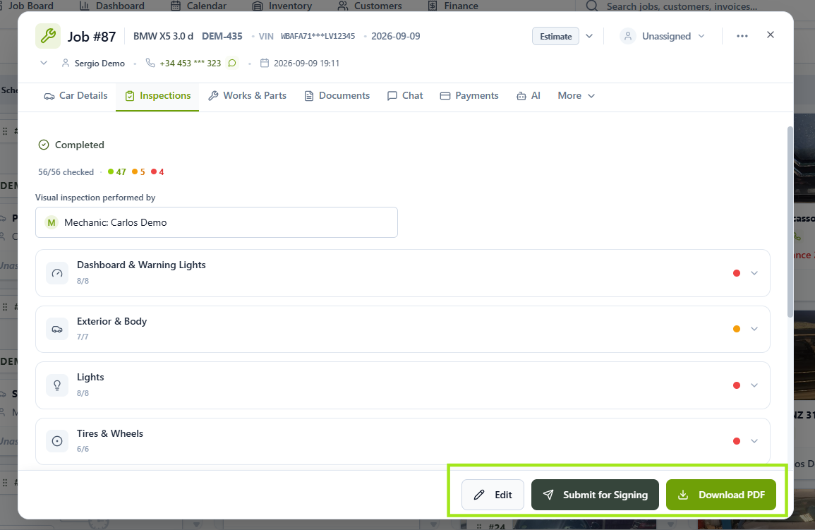 Submit for Signing and Download PDF buttons on a completed inspection