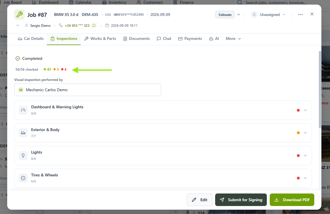 Completed inspection showing the summarized status indicators