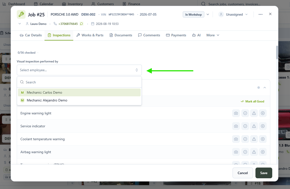 Visual inspection performed by dropdown with an employee selected