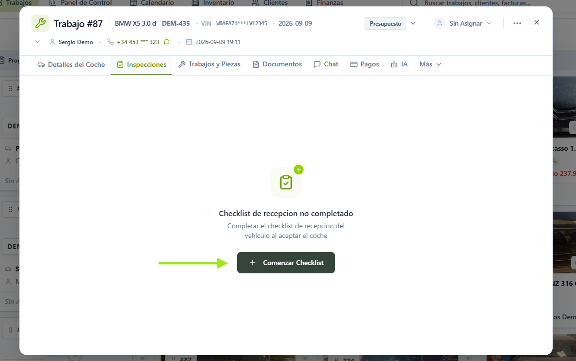 Pestaña «Inspecciones» con el botón «Comenzar Checklist»