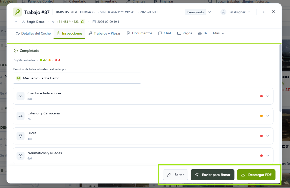 Botones «Editar», «Enviar para firmar» y «Descargar PDF»