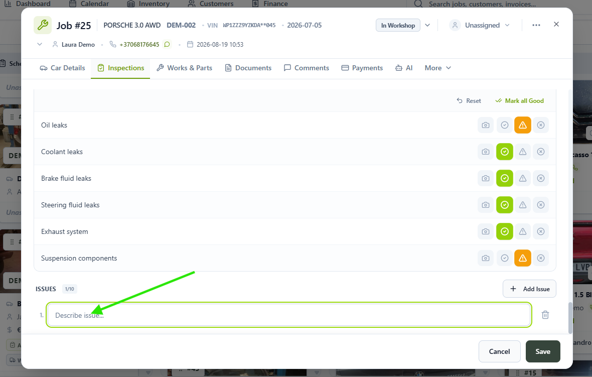 Issues section with the issue description field and Add Issue button