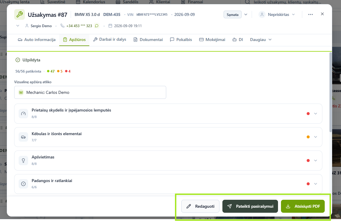 Mygtukai „Redaguoti“, „Pateikti pasirašymui“ ir „Atsisiųsti PDF“