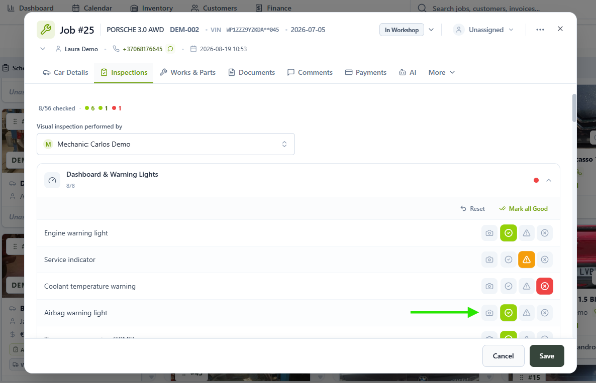 Inspection item with the camera button highlighted