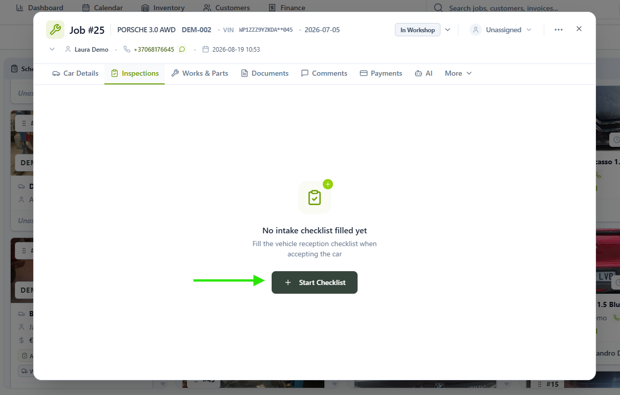 Inspections tab with the Start Checklist button