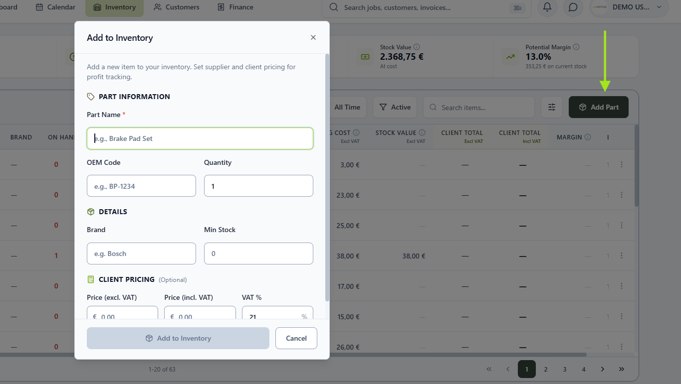 Add to Inventory dialog with Part Information, Details and Client Pricing fields
