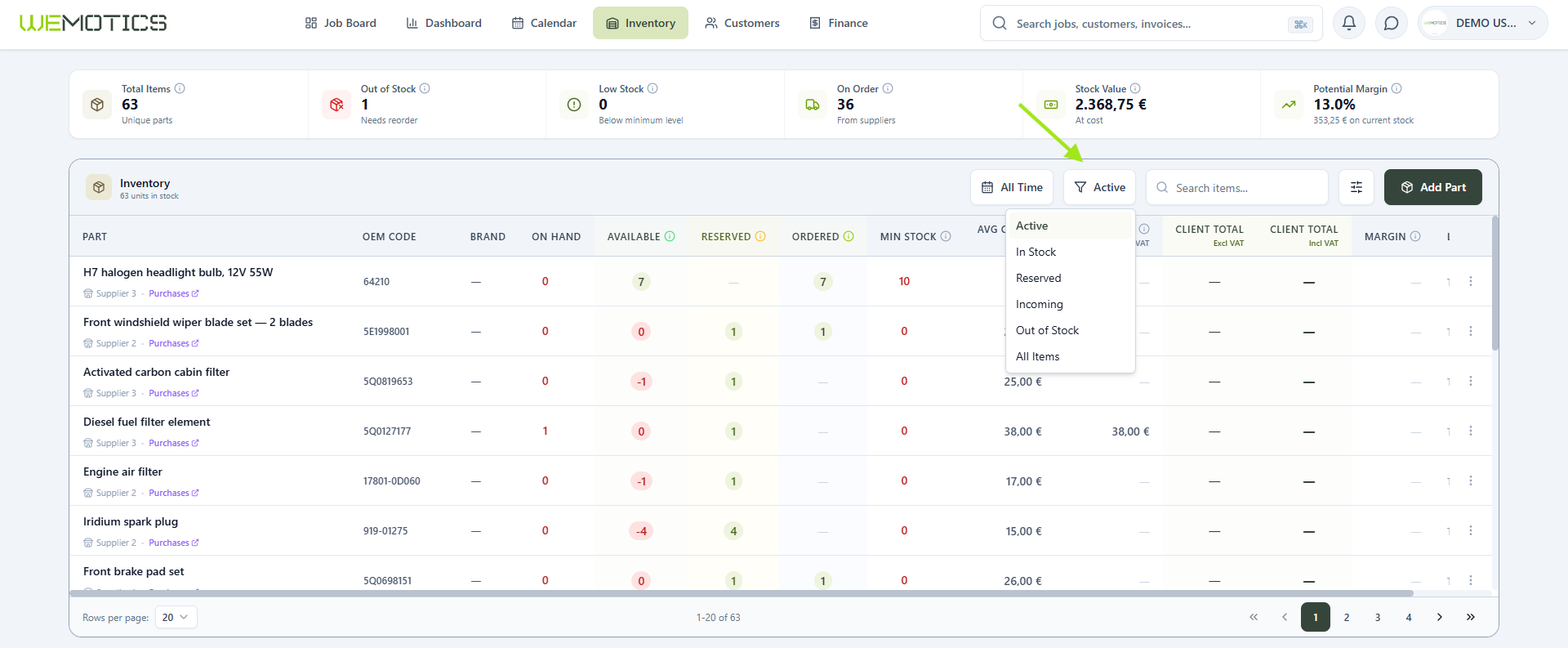 Item status filter dropdown with Active, In Stock, Reserved, Incoming, Out of Stock and All Items options