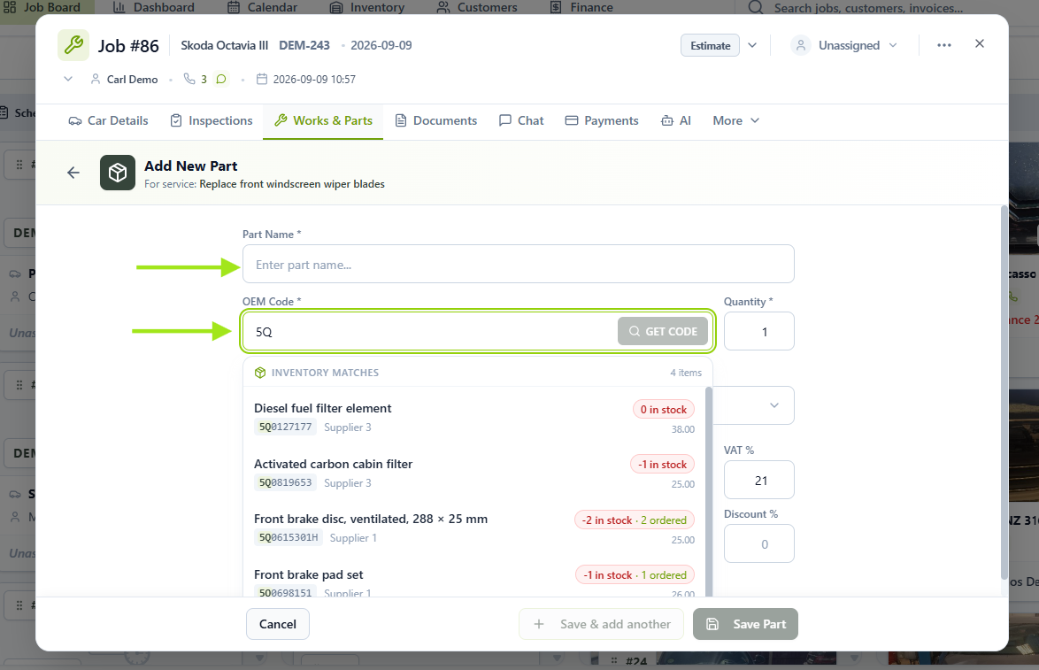 Add New Part form in a Job Card showing the Inventory Matches section