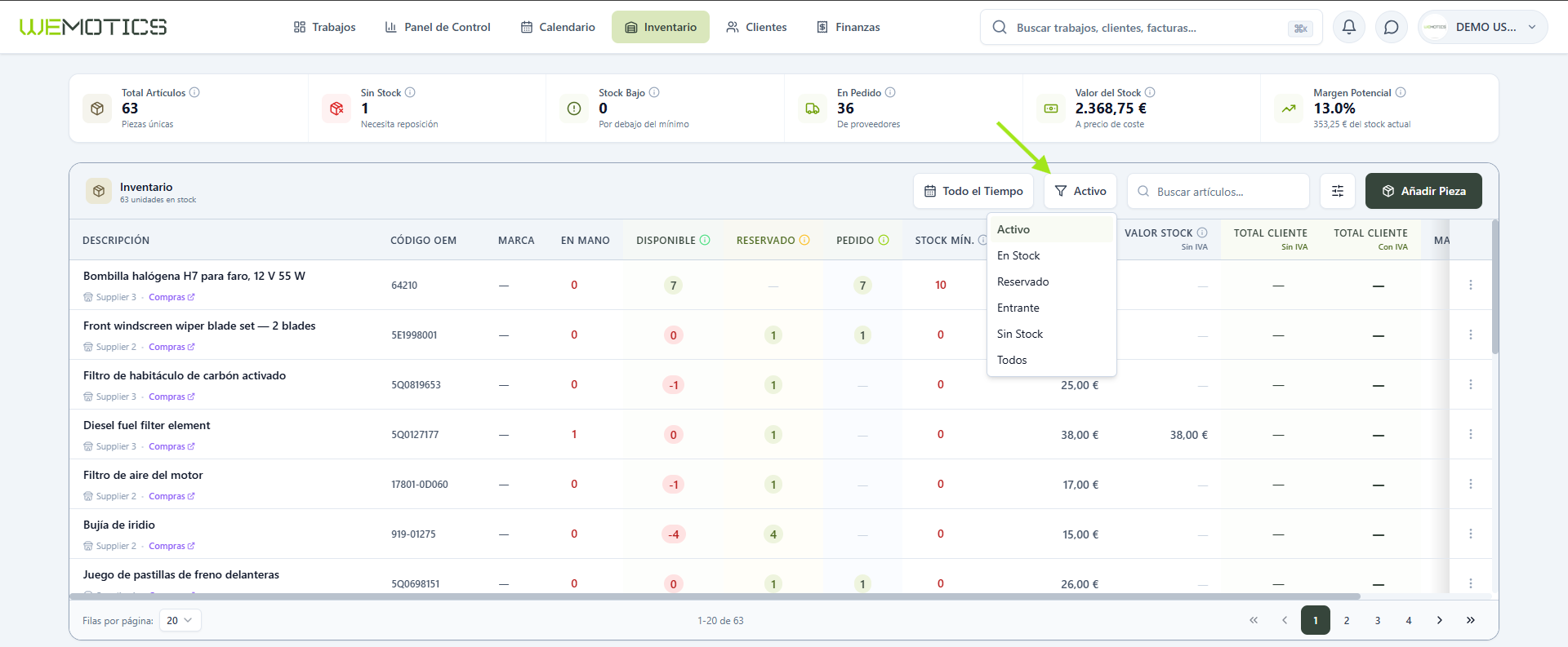 Menú de estado del inventario con las opciones Activo, En Stock, Reservado, Entrante, Sin Stock y Todos