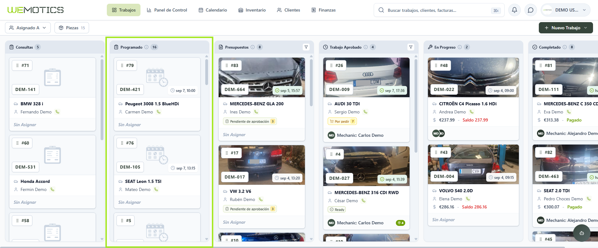 Tablero de Trabajos con la columna Programado resaltada