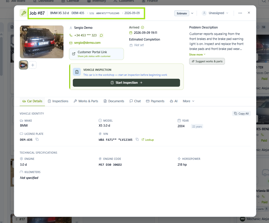 Job Card with the header highlighted