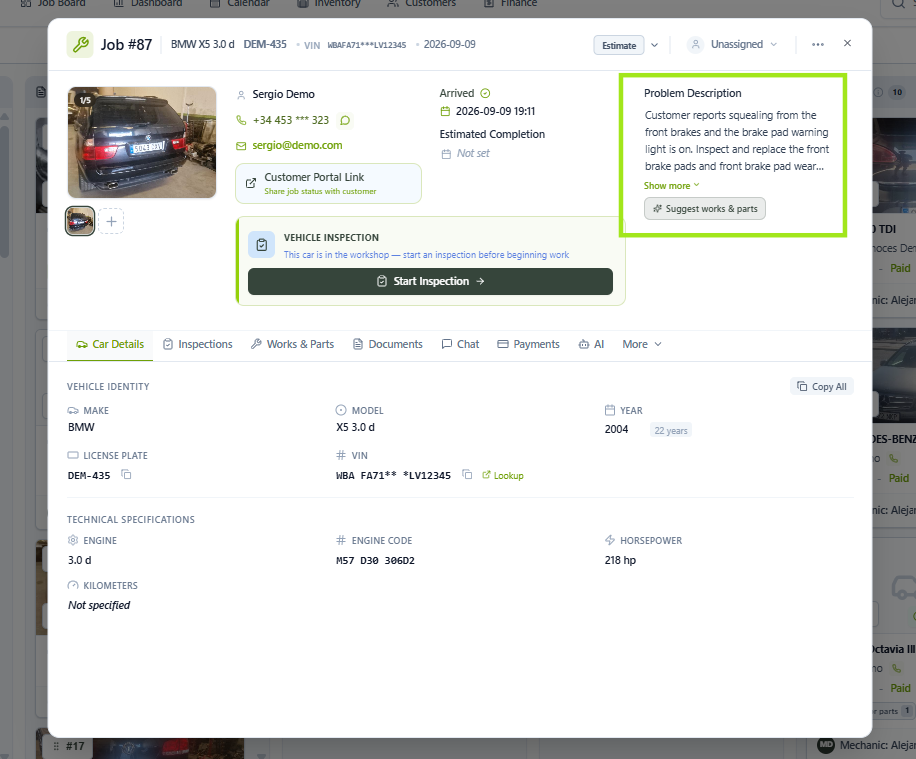 Job Card with the Suggest works & parts button highlighted