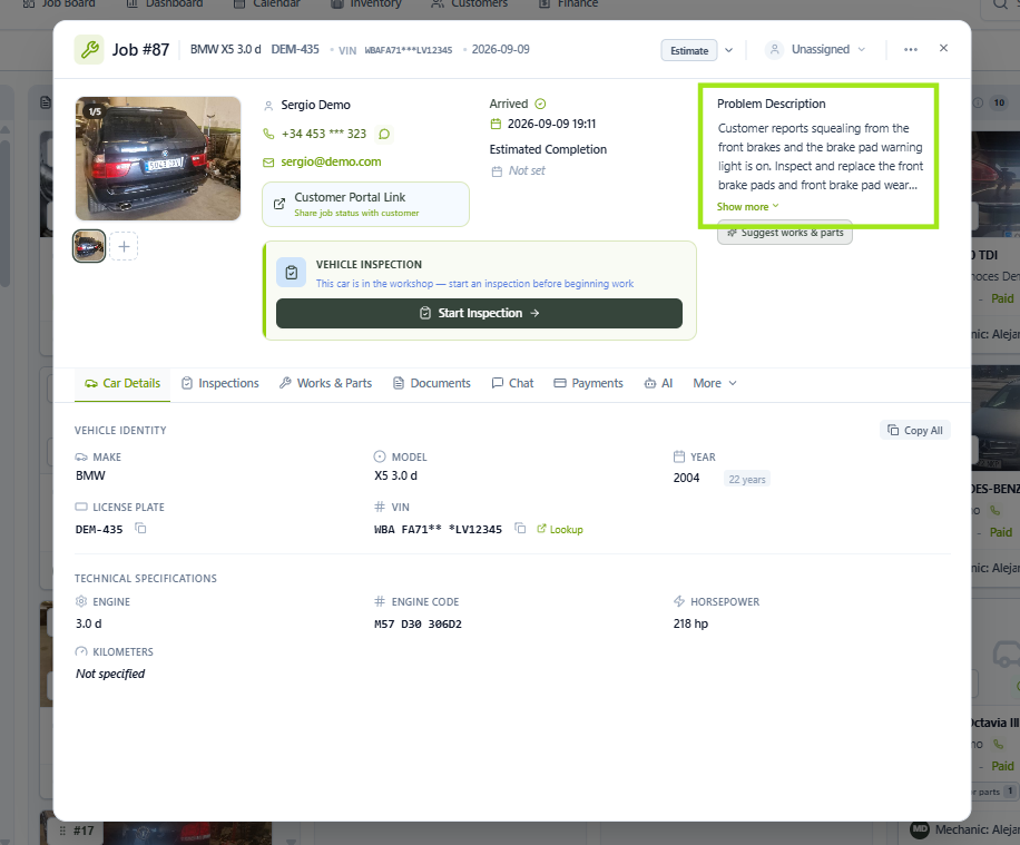 Job Card with the problem description highlighted