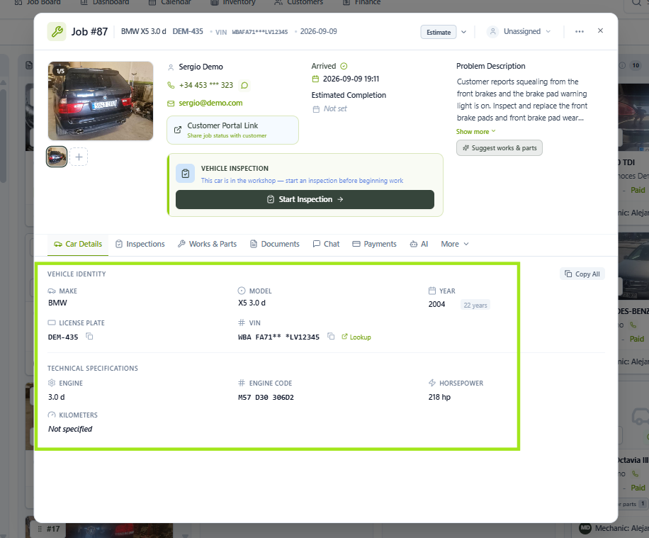 Job Card with the Car Details tab highlighted
