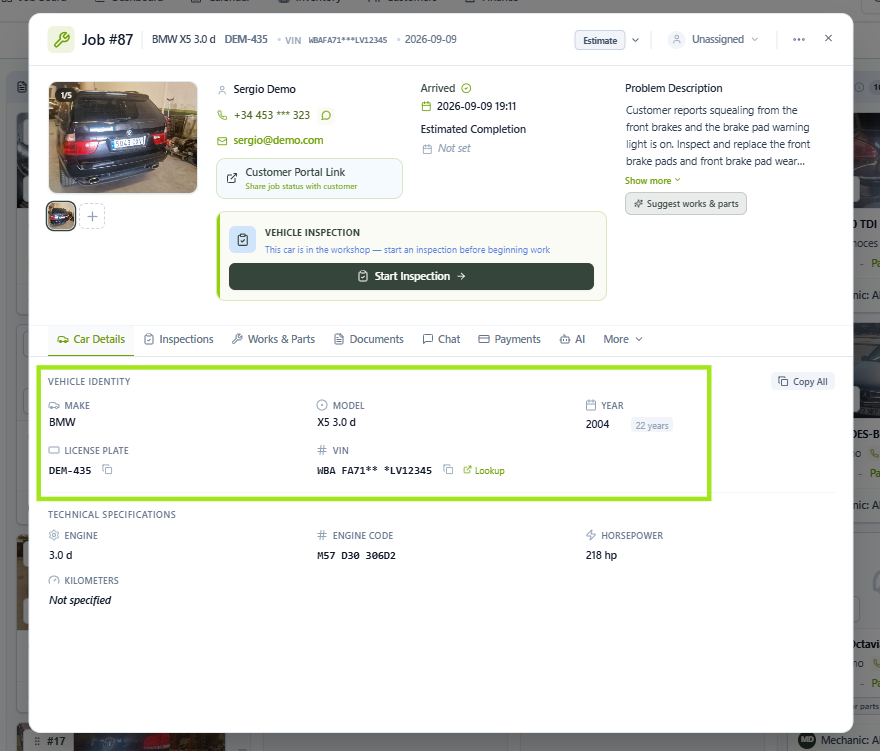 Job Card with the Vehicle Identity section highlighted