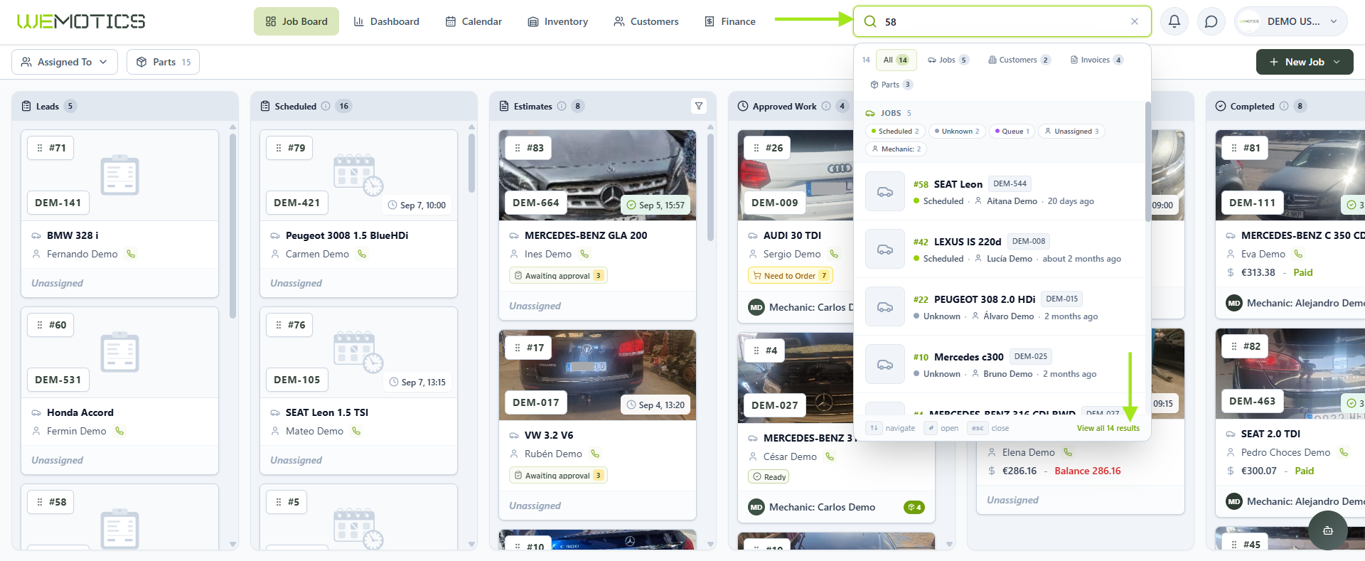 Wemotics global search results grouped by Jobs, Customers, Invoices and Parts