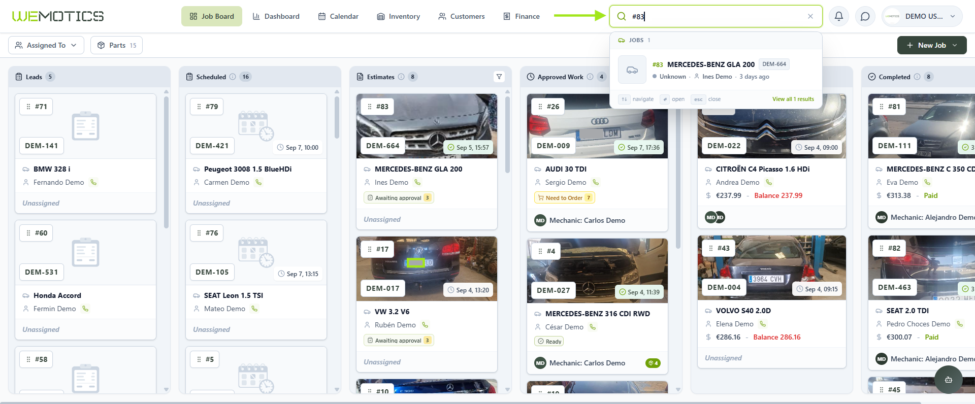 Wemotics global search field with a Job Card number entered and one matching result