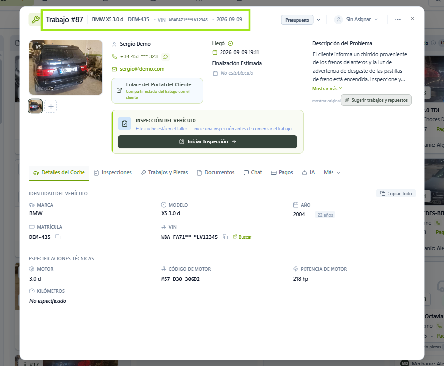 Ficha de trabajo con el encabezado resaltado