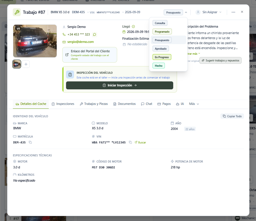 Ficha de trabajo con el selector de etapa abierto