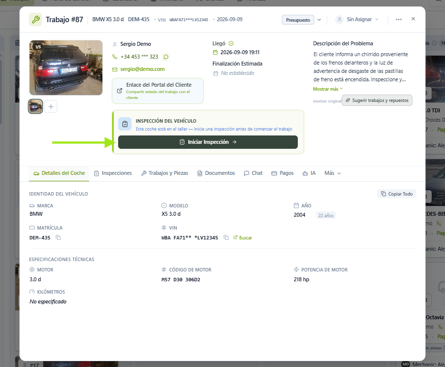 Ficha de trabajo con el botón Iniciar Inspección resaltado
