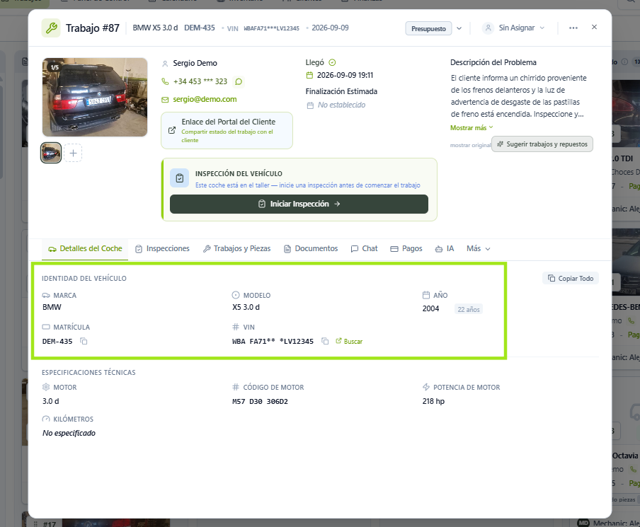 Ficha de trabajo con la sección Identidad del Vehículo resaltada