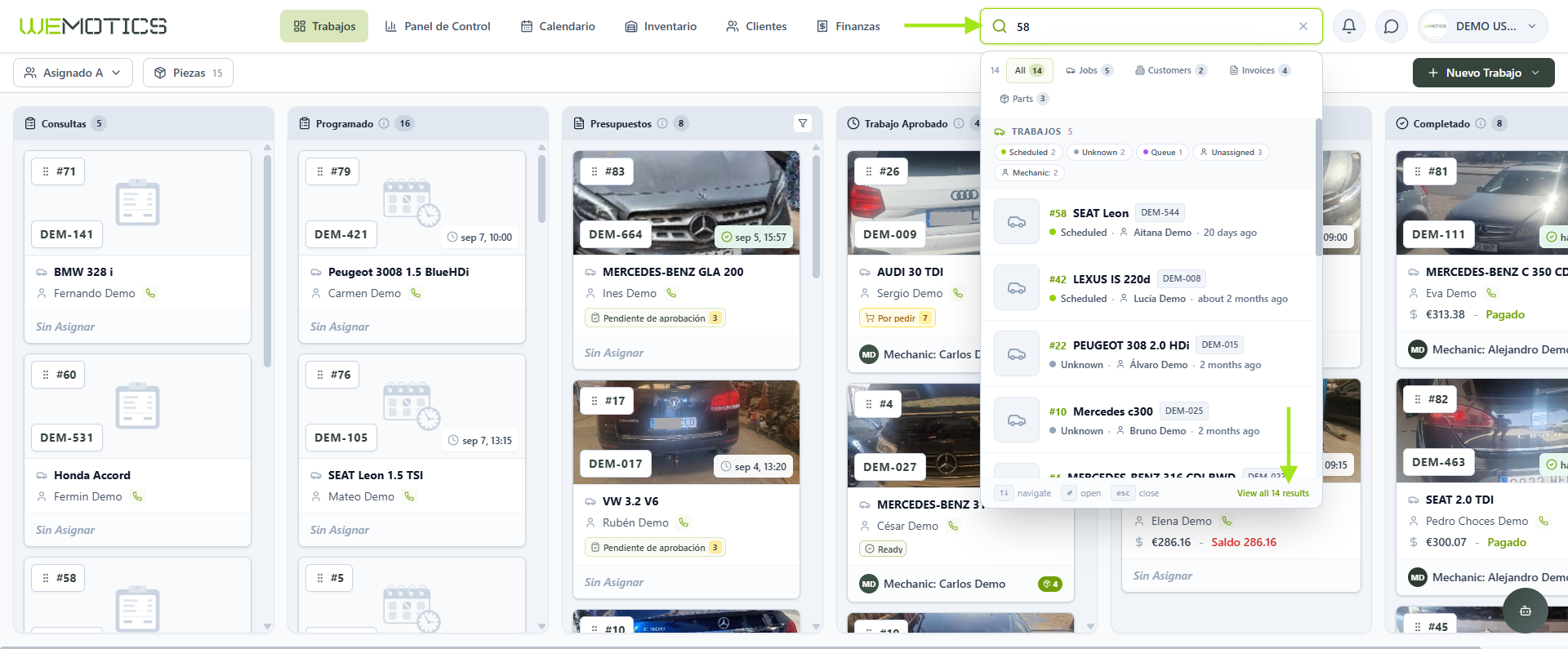Resultados de la búsqueda global de Wemotics agrupados por trabajos, clientes, facturas y piezas