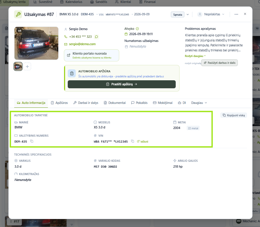 Užsakymo kortelė su paryškinta automobilio tapatybe